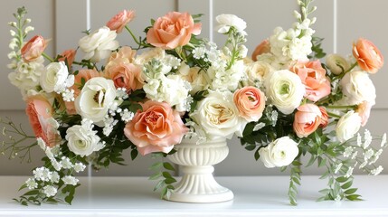 Obraz premium Two identical white vases, each brimming with an abundance of white and orange blossoms