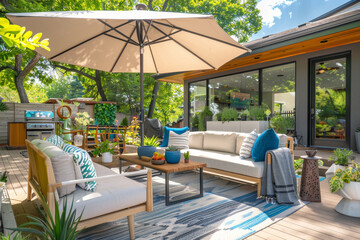 A patio with a large umbrella and a table with a vase of flowers