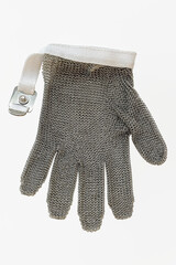 Protective metal glove. Textile industry. Work activity. The cutter.
