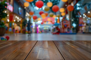 Wooden table with childrens toy in blurred shopping mall, kids playing, family fun time concept
