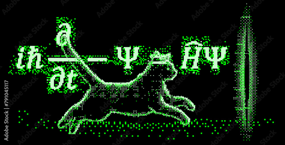 Poster Schrodinger cat and equation in pixel art futuristic style. Conceptual vector illustration of  linear partial differential equation that governs the wave function of a quantum-mechanical system.