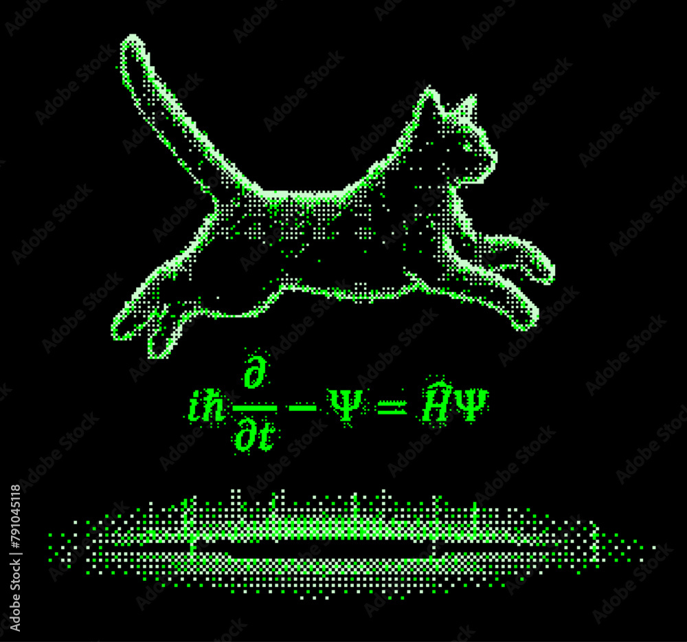 Poster Schrodinger cat and equation in pixel art futuristic style. Conceptual vector illustration of  linear partial differential equation that governs the wave function of a quantum-mechanical system.