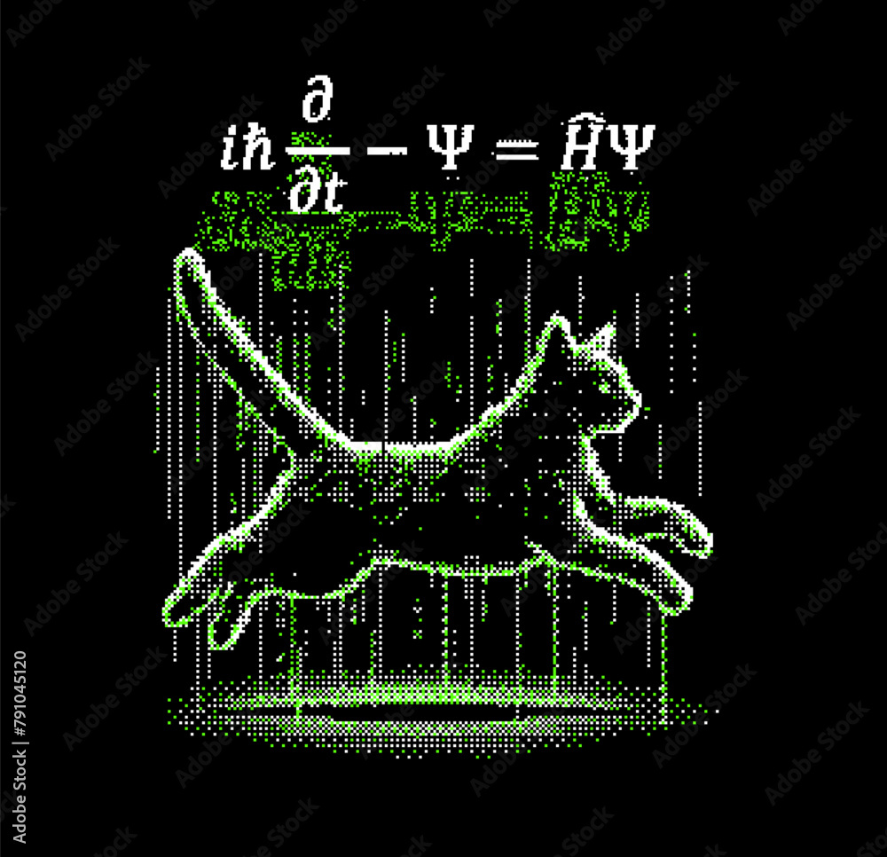 Poster Schrodinger cat and equation in pixel art futuristic style. Conceptual vector illustration of  linear partial differential equation that governs the wave function of a quantum-mechanical system.