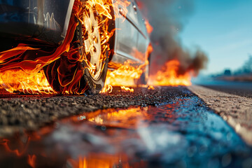 A car is on fire and the fire is on the road - obrazy, fototapety, plakaty