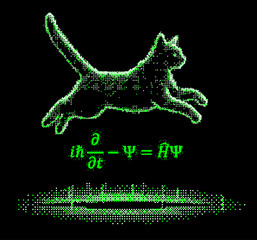 Schrodinger cat and equation in pixel art futuristic style. Conceptual vector illustration of  linear partial differential equation that governs the wave function of a quantum-mechanical system.