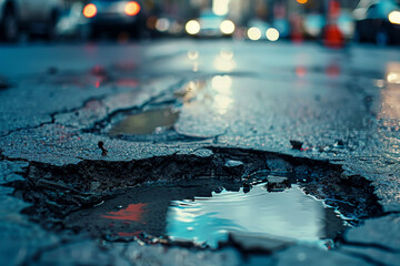 A pothole in the road with water in it