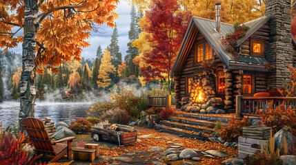 Cozy cabin scene surrounded by colorful