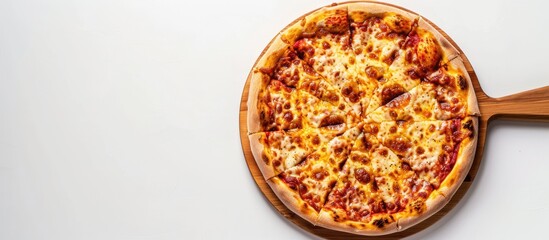 Tasty pizza presented on a wooden platter against a white background.