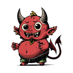 Cute little devil. Vector illustration in engraving technique of small silly devil monster with funny face.
