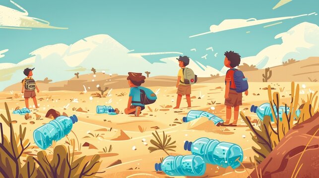 A playful yet informative illustration of kids in a desert, mirages of water bottles in the distance