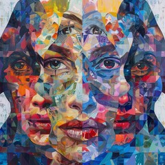 Abstract portrait series of faces from various ethnicities, blending into a kaleidoscope of colors and patterns