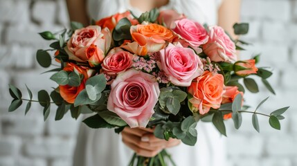   A woman holds a bouquet of pink, orange, and red roses, accompanied by greenery She wears a white dress