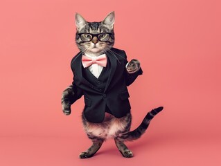 An exotic cat striking a pose in a tuxedo and glasses, tail elegantly curled