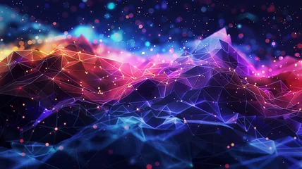 Foto op Plexiglas A geometric nebula of neon colors, sprawling across a low poly cosmos, illustrating the vastness of digital networks © Faizan