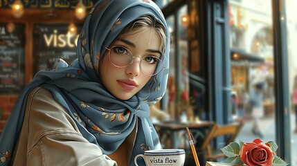 A beautiful veiled girl sitting in a cafe, with a cup of coffee, glasses, a red rose, an elegant pen, and a notepad on the table