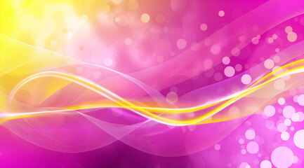 Abstract purple, pink and yellow background with glowing dots, lines and waves pattern