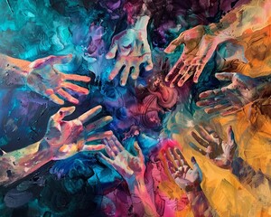 Hands reaching out to each other through a canvas of abstract art