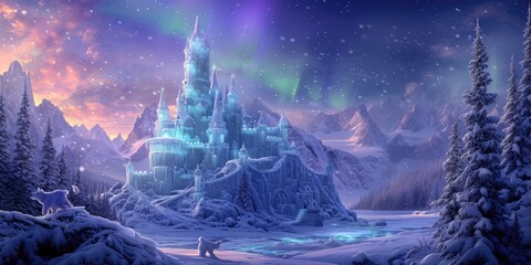 Fototapeta premium A majestic ice castle stands tall under the captivating aurora borealis, in a magical winter wonderland with a polar bear observing the scene. Resplendent.