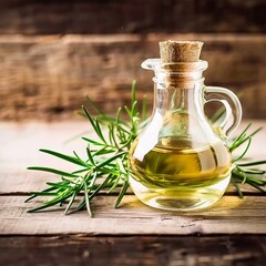 Bottles of essential oil with rosemary leaves on wooden table background. Aromatherapy oil spa massage concept