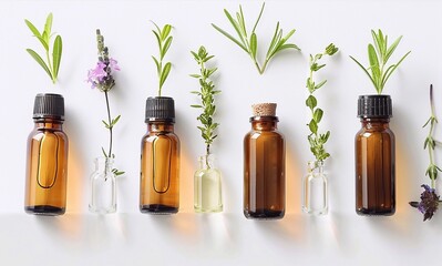 Bottles of essential oil with herbs on white background. Aromatherapy oil spa massage concept
