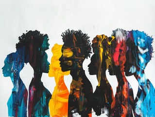 Silhouettes of individuals from various ethnicities, filled with abstract art details that tell unique cultural stories