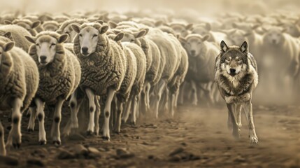 Stark contrast depicted as a lone wolf gazes intently among a flock of sheep, a metaphor for uniqueness and individuality - AI generated