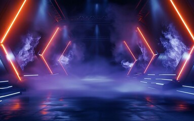 Obraz premium Close up Illuminated stage with scenic lights and smoke volume. Blue purple spotlight with neon effect on dark background. Realistic modern 3d empty minimal scene mockup design