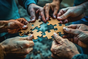 A group of hands holding puzzle pieces together, representing teamwork in securing discounts