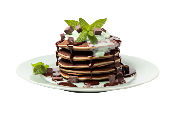 Delicious and Tasty Mint Chocolate Pancakes isolated on white background 