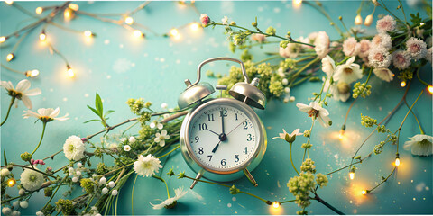 Clock, alarm clock, on green, background, in a frame of plants and berries, twigs, time,...