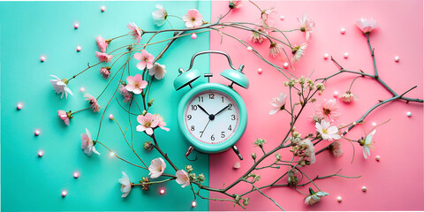 Clock, alarm clock, on green, background, in a frame of plants and berries, twigs, time, background, wallpaper, timer, idea,