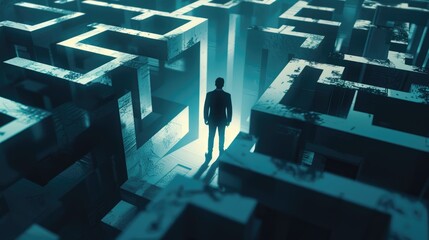 Conceptual image of a businessman at the entrance of a labyrinth, representing challenge and strategic thinking - AI generated
