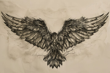 Naklejka premium A black and white drawing of an eagle with its wings spread out