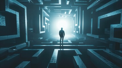 Conceptual image of a businessman at the entrance of a labyrinth, representing challenge and strategic thinking - AI generated