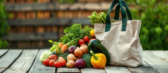 Beige canvas shopping bag with a dark green handle tipping over and spilling vegetables and fruits...
