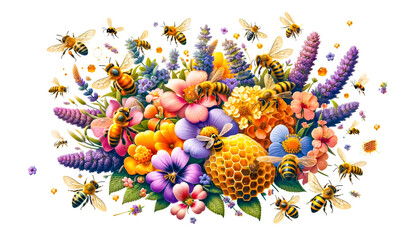 A lively swarm of bees is illustrated in a sea of vibrant flowers and honeycomb, celebrating the beauty and importance of pollination. May 20, World bee day - obrazy, fototapety, plakaty
