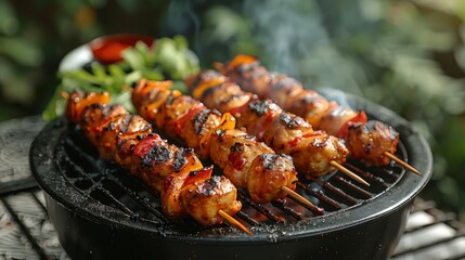   Close-up of grill with skewers of food and veggies in background