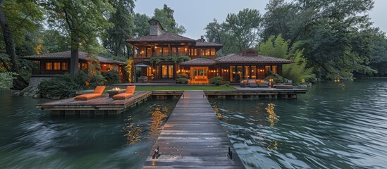 Waterfront property with a private dock and lush landscaped gardens.  - obrazy, fototapety, plakaty
