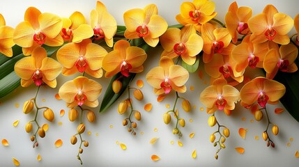  A white background showcases a vibrant group of yellow orchids with green leaves and water droplets