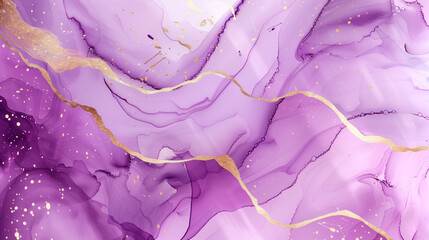 Mauve liquid watercolor background with golden glitter lines. Pastel violet marble alcohol ink drawing effect. Vector illustration of abstract stylish fluid art amethyst backdrop - 791049777