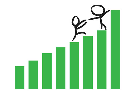 Gráfico verde creciente con dibujo de dos personas subiendo con ayuda. 