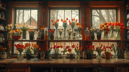   A shelf brimming with numerous vases holding flowers rests beside a generously windowed area, featuring ample sills - obrazy, fototapety, plakaty