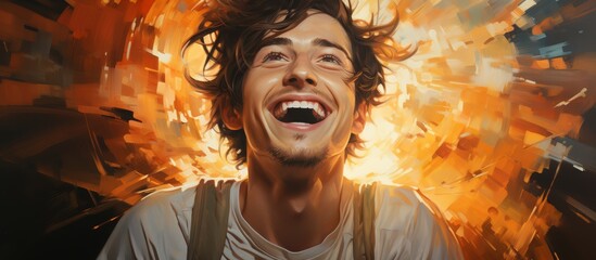 his delighted expression reflects the joy of discovering something extraordinary within the glowing sun. painted with oil Double exposure.