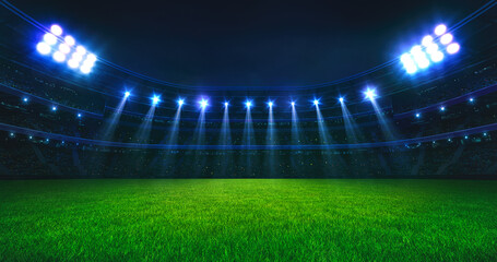 Spectacular sport stadium with glowing floodlights and empty green grass field. Professional sports background for advertisement. - obrazy, fototapety, plakaty