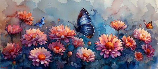 purple and pink aster flowers and blue butterflies painted in watercolor - obrazy, fototapety, plakaty