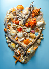A heart-shaped array of various seashells, starfish, and a toy crab on a light background, embodying marine life and oceanic treasures - 791050393