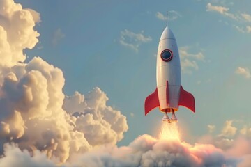 Vintage toy rocket launching with billowing smoke against a pastel blue sky, depicting imagination and exploration - AI generated