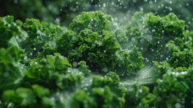   A tight shot of broccoli florets with water droplets on their verdant leaves, along with scattered leaves on the ground