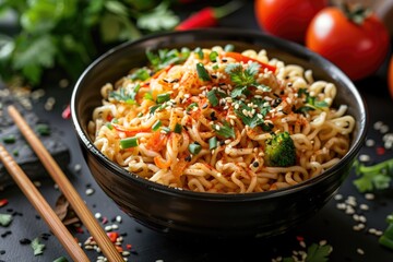 Cooked instant noodles sprinkled with spices, vegetables, herbs. Asian noodle soup ramen on wooden chopsticks