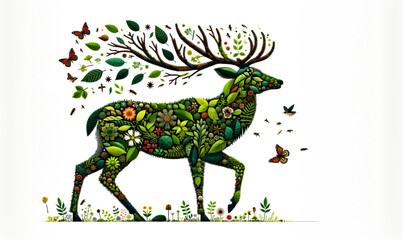 Majestic deer composed of rich greenery and florals, with butterflies fluttering around, captures the essence of life and growth in nature. International Day for Biological Diversity - 791051701